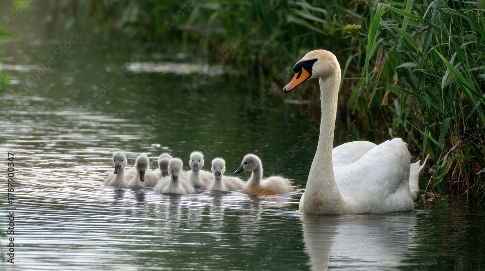 Fototapeta premium Mama swan and her brood in the water