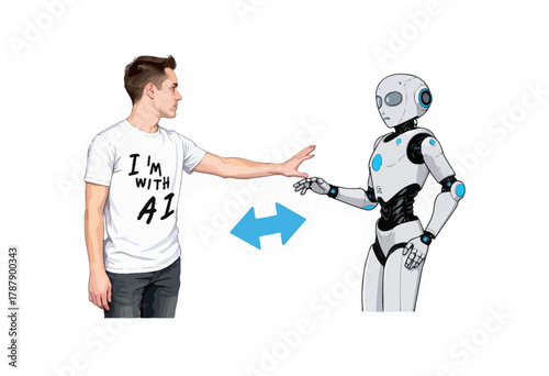 A Human and Humanoid Robot Interact in a Futuristic Gesture of Connection and Understanding Through Technology