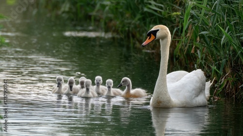 Fototapeta Naklejka Na Ścianę i Meble -  Mama swan and her brood in the water