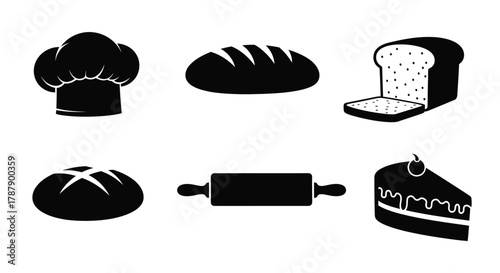 Black and white icons representing baking bread and pastry elements