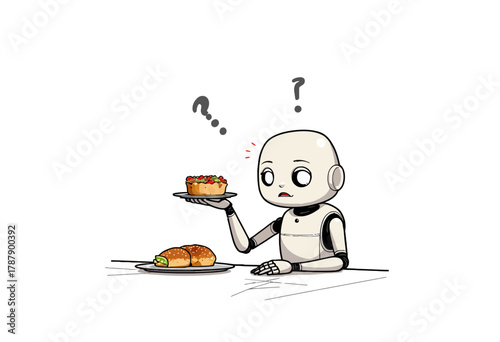 Curious Robot Contemplates Two Unfamiliar Food Items, Balancing a Muffin and a Sandwich on a Plate, Unsure at a Table