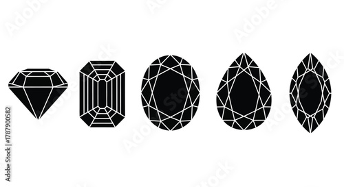 A series of different gem cuts and shapes displayed in black and white