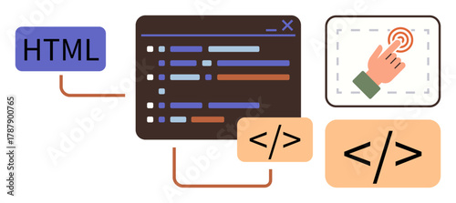 HTML tag, coding window with colorful lines, code snippets, and hand interacting on screen. Ideal for web development, programming, UX design, coding tools, digital learning app creation simple