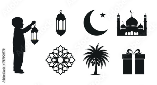 Ramadan symbols a boy with a lantern crescent moon and mosque illustration