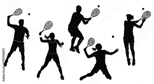 Silhouettes of tennis players in action demonstrating dynamic sport movements