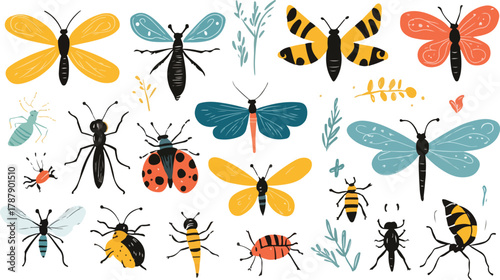 A seamless vector pattern set featuring cute cartoon butterflies, ladybugs, and bees among spring flowers and leaves