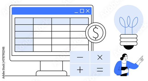 Computer screen with spreadsheet, calculator, dollar sign, lightbulb, and businesswoman pointing at new ideas. Ideal for finance, budgeting, innovation, analysis profitability education simple