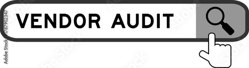 Search banner in word vendor audit with hand over magnifier icon on white background