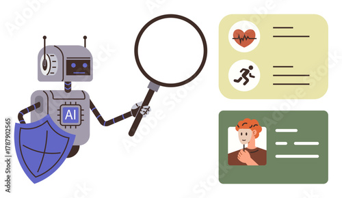 Robot holding magnifying glass examining health metrics and ID card, featuring a shield for data security. Ideal for AI, healthcare, personal data analysis, security, technology, research, and safety