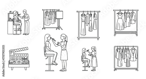 Black and white line drawings depicting beauty services and clothing racks