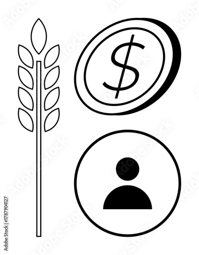Wheat spike, dollar coin, and user icon combine industry, economy, and labor. Ideal for agriculture, sustainability, economy finance agribusiness workforce and growth themes. Simple flat metaphor