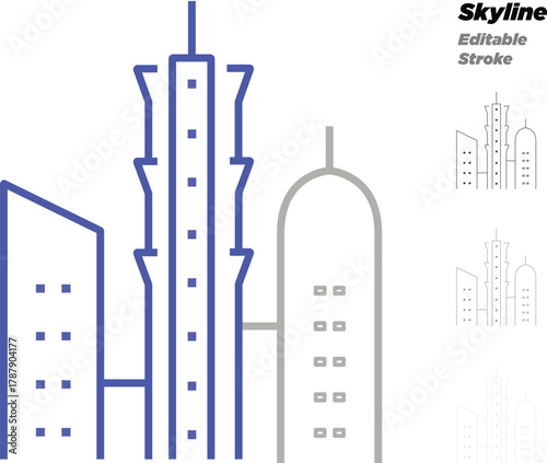 Modern city skyline icon editable stroke. Urban skyscraper outlines, metro architecture minimal line art. Web travel branding, business. cosmopolitan cityscapes. Mumbai, dubai, New York, Delhi, China