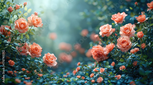 Blooming Garden of Roses and Wildflowers in Soft Natural Light
