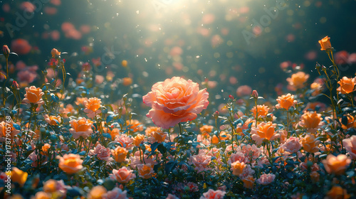 Lush Garden Filled with Blooming Roses and Wildflowers in Sunlight