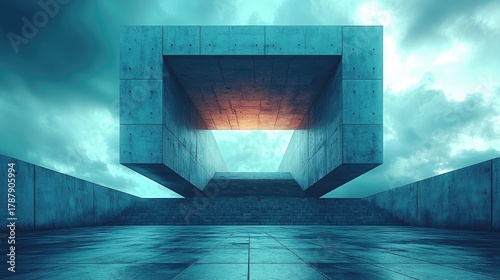 Neo Brutalist Architecture with Dramatic Lighting and Cloudy Sky