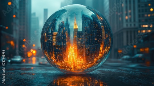 Reflective Glass Sphere Showcasing Urban Cityscape at Dusk