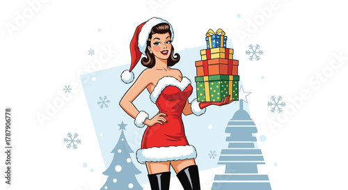 Cheerful Santa girl bringing holiday gifts, spreading festive cheer for Christmas promotions and cheerful seasonal designs perfect for holiday greetings