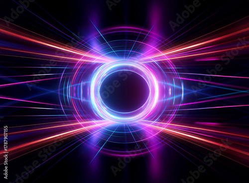 A vibrant glowing circle of blue, pink, and purple radiates light against a dark backdrop.  Radial lines extend outward, creating a futuristic and abstract design with dynamic energy.