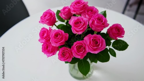 A bouquet of vibrant pink roses in a clear vase on a white table