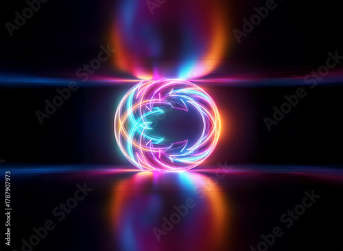 Abstract neon sphere with swirling arrows emits vibrant light, reflected on a dark surface. Glowing lines enhance the futuristic, circular design.