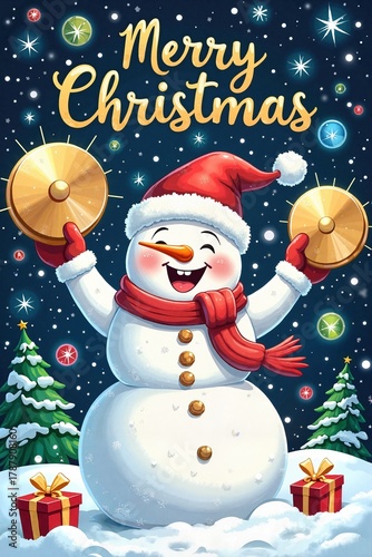 Snowman celebrating Christmas joyfully playing cymbals in a festive winter scene