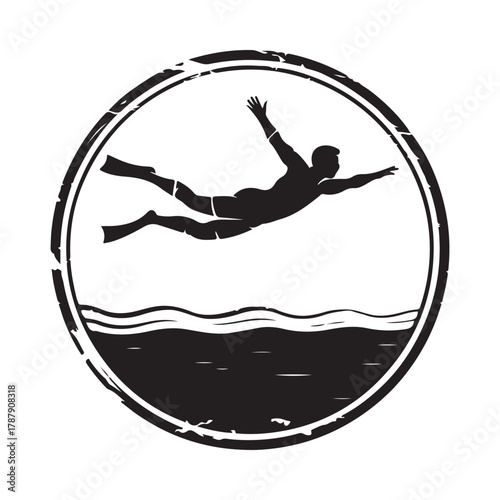 Silhouette of a swimmer diving into stylized waves within a distressed circle