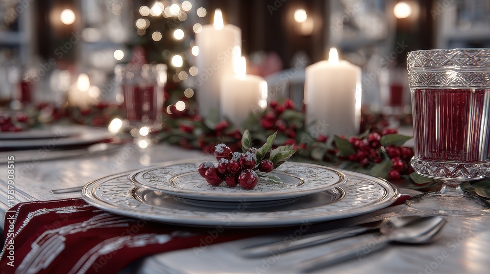 Naklejka premium elegant holiday dining setup with red and white decor and candlelit ambiance