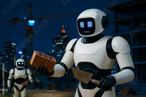 Nighttime photo of humanoid robots working at a construction site, laying bricks with trowels and clay bricks, illuminated city skyline in the background, showcasing automation in urban development.