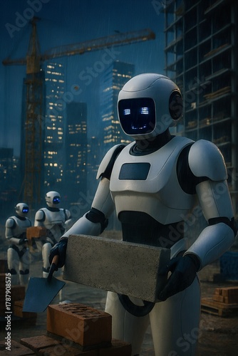 Nighttime photo of humanoid robots working at a rainy construction site, laying bricks with trowels and concrete blocks, illuminated skyscrapers in the background, showcasing automation in urban
