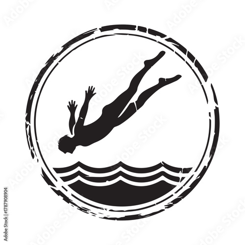 Silhouette of a person diving into water within a circular stamp