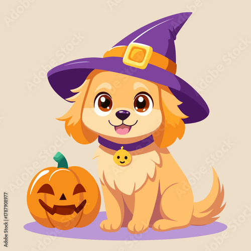 Cute golden retriever puppy wearing a witch hat with a jack o lantern