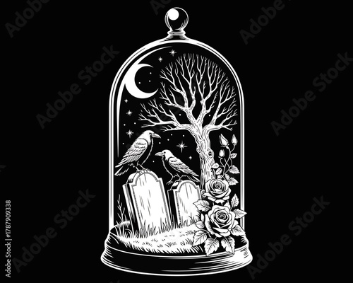 Gothic scene inside a glass dome with crows tombstones roses and a crescent moon