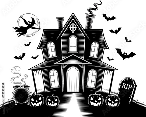 Spooky halloween haunted house with witch bats pumpkins and tombstone