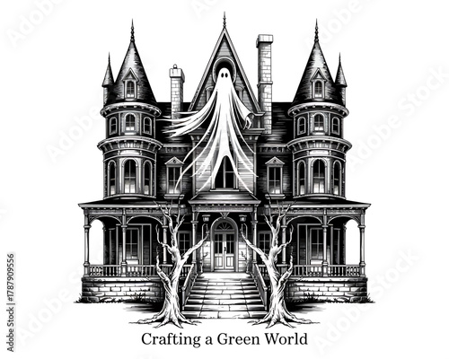 Spooky victorian haunted mansion with a ghostly apparition