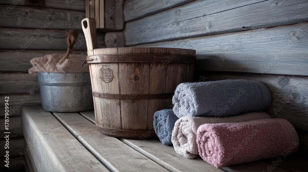Fototapeta premium Sauna s inside featuring towels and a wooden pail