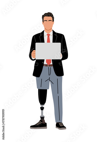 Professional person with a prosthetic leg holding a laptop. Full body portrait in clean modern style. Flat minimalist vector  illustration isolated on transparent background