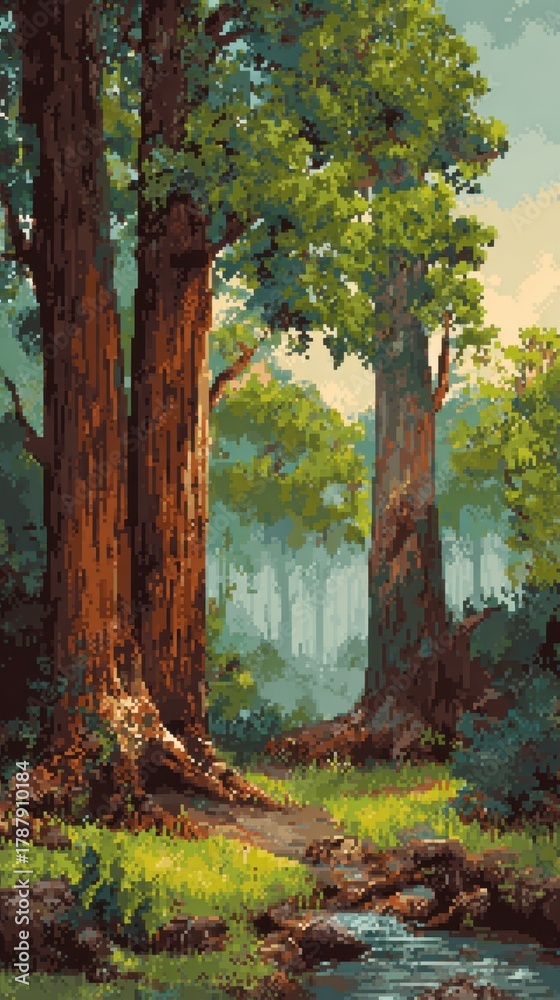 Naklejka premium Pixel Art of Forest With Stream