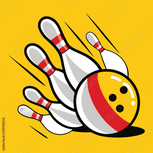 Bowling ball hitting pins on a yellow background in cartoon illustration
