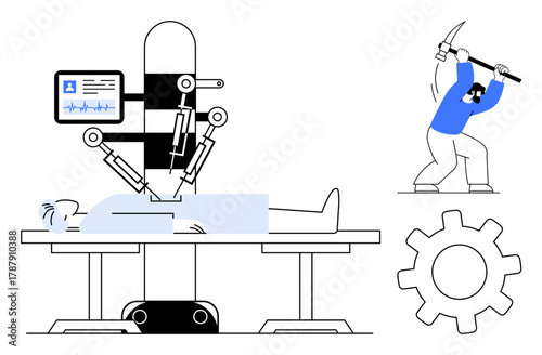 Robotic arm conducts surgery with patient on table, monitored by screen separate figure with pickaxe signifies manual labor. Ideal for healthcare, innovation, progress, technology, automation