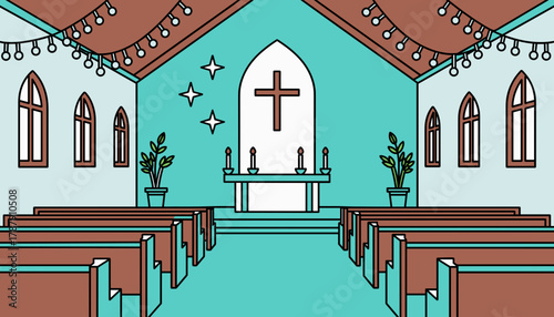 Spiritual church interior with candles in minimalist design, serene evening atmosphere