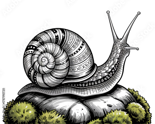 Intricate snail with decorative shell on mossy rocks
