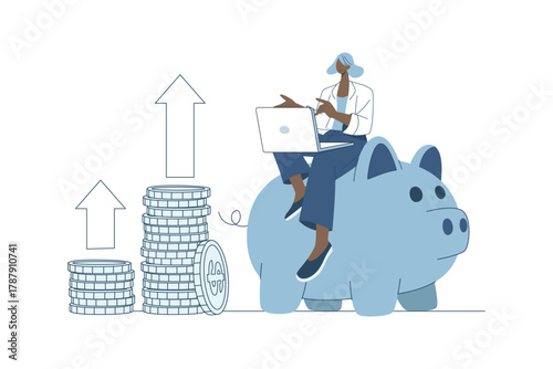 Businesswoman sitting on piggy bank with laptop and coins, symbol of savings, investments, online banking, and financial planning.