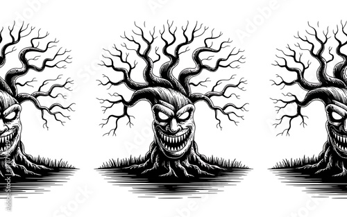 Creepy halloween tree monster with scary face and bare branches