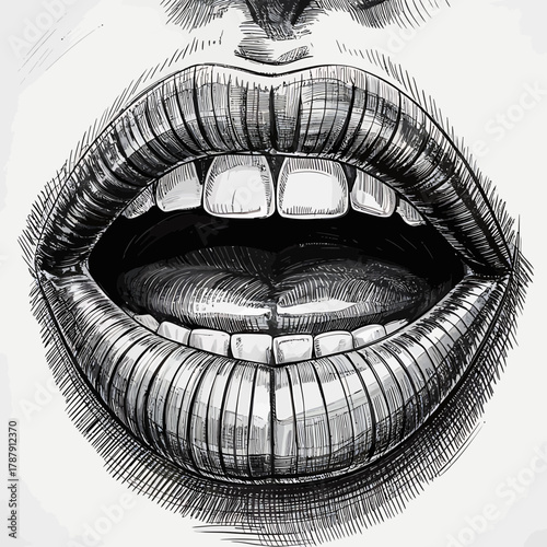 Detailed black and white sketch of open mouth with visible teeth and tongue