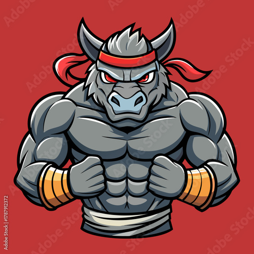 Muscular donkey warrior with red headband and fists ready