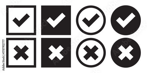 Check mark icon set. Check box icon with right and wrong buttons and yes or no checkmark icons in tick and cross  box checkmarks. Right or wrong icons. Checkmark and x mark icon for apps and websites.