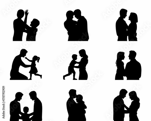 Silhouettes of families embracing and interacting with children