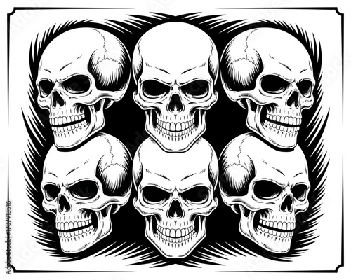 Six scary skulls arranged in a dark and spooky pattern