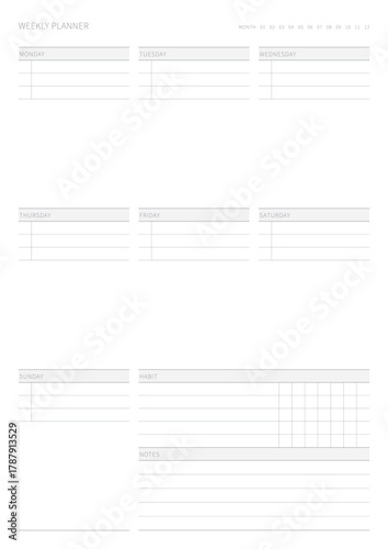 A weekly plan design template in a modern, simple, and minimalist style. Note, scheduler, diary, calendar, planner document template illustration.