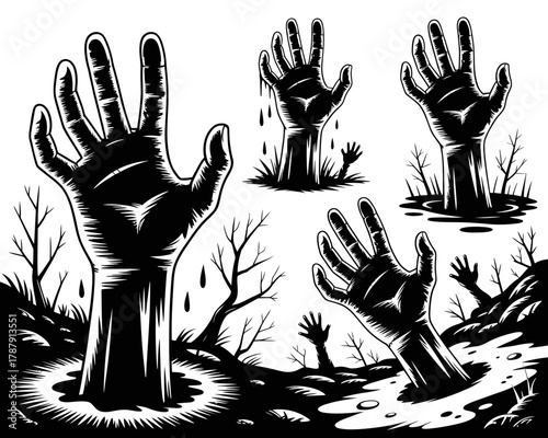 Zombie hands rising from the ground in a spooky landscape